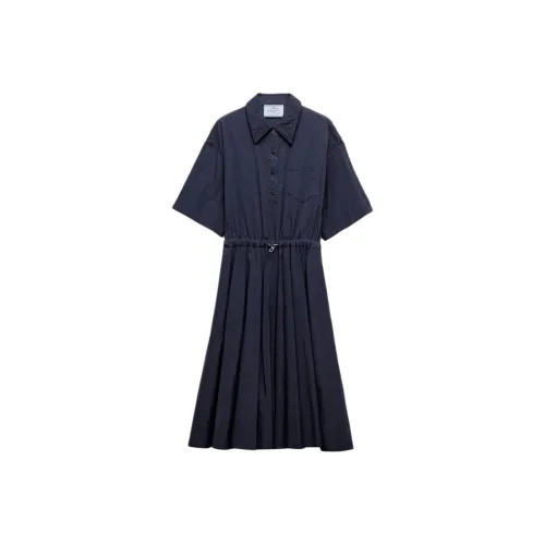 PRADA SS25 Весенне-летняя женская коллекция одежды Короткий рукав платье женское морское синий