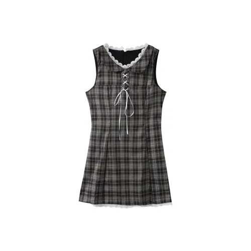 EIDOLON GRAIN Без рукавов Платье Женское Зеленый Кофейный Клетка