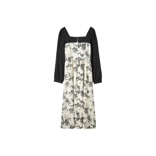 FANQIN Белое с черными цветами Женское Длинное Платье с рукавами