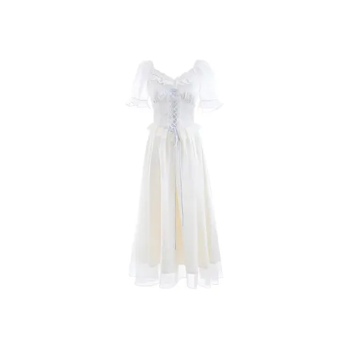 COSYISM Короткий рукав платье женское абрикосовое синее