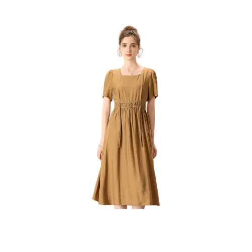 FENHONGMALI Короткий рукав Платье с утяжкой на талии Женское Хаки