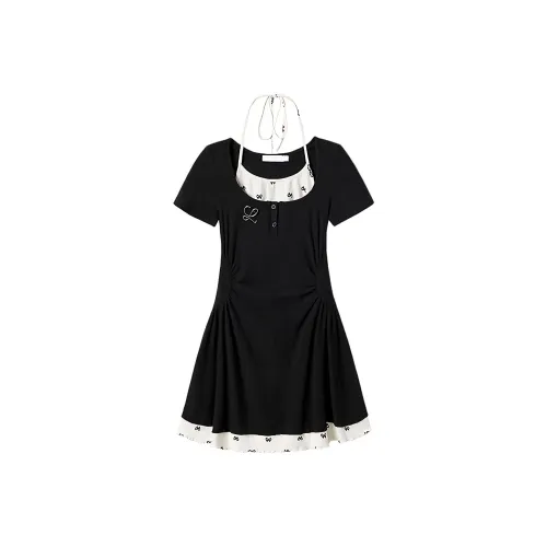 POPO.INFO Короткий рукав платье женское черное