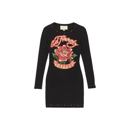 Ed Hardy Черное Женское Длинное Платье с Рукавами