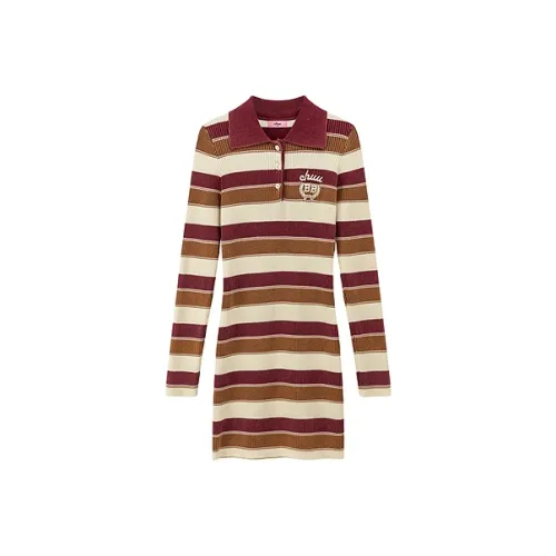 CHUU Длинное платье с длинными рукавами женское красные полосы