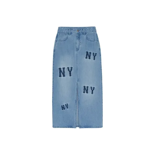 Mlb Base Logo New York Yankees Denim Long Skirt Women's Light Blue