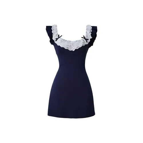 AFGGD Короткий рукав Платье Женское Темно-синий