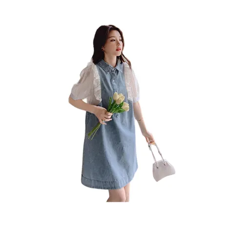 TEME Короткий рукав Платье Женское Джинсовый синий
