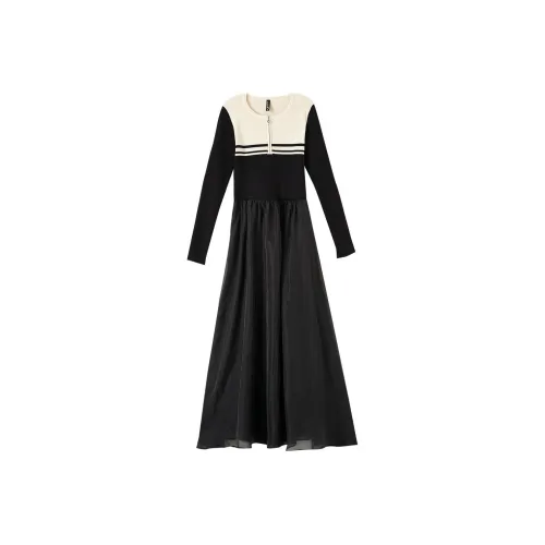 OUNIXUE Абрикос и Черный Женские Длинные Платья с Рукавами