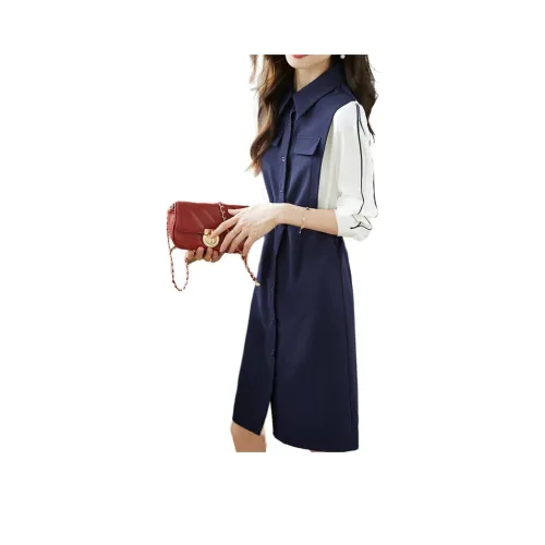 Mo Han Yi Mei Длинное платье с длинными рукавами женское темно-синий