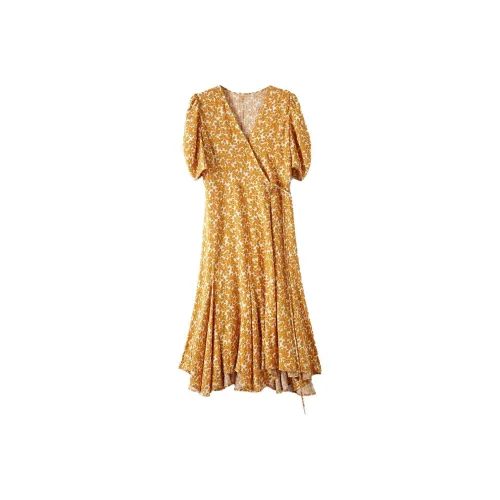 Pumpkin Valley Flower Nectar Желтые Женские Короткие Платья с Рукавами