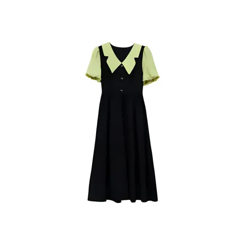 ETSE Короткий рукав Платье Женское Черное и Зеленое