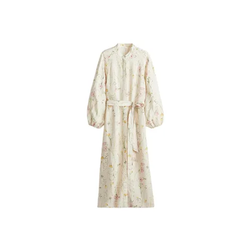 H&M Крем/Цветочный Женские Длинные Платья с Рукавами