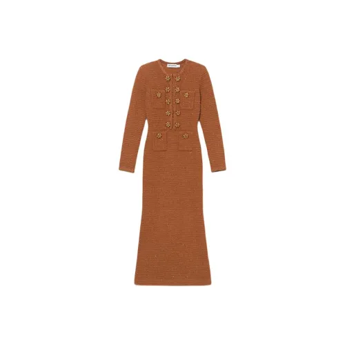 Self Portrait Длинное Платье с Длинными Рукавами Женское Темно-Коричневый