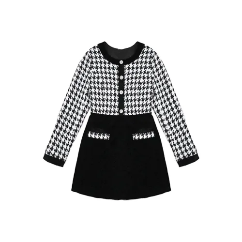 Sheep Design Длинное платье с длинными рукавами женское в узор "гусиная лапка"