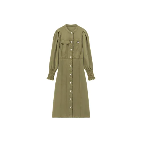 CHUU Серо-зеленый Женские Длинные Платья с Рукавами