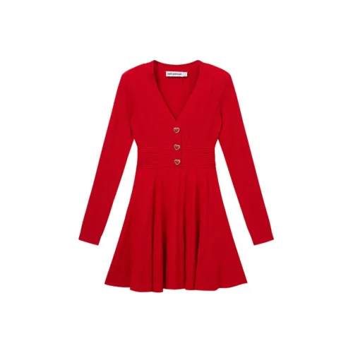 Self Портрет Длинное Платье с Длинными Рукавами Женское Настоящий Красный