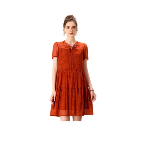 FENHONGMALI Весенний Короткий Рукав Платье с Утяжкой на Талии Женское Оранжевое Красное