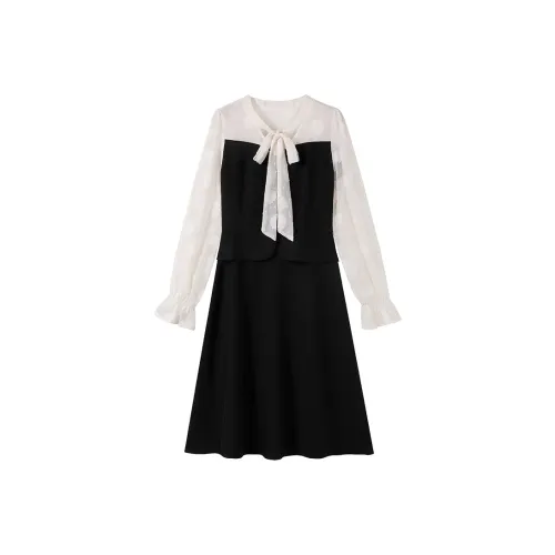 Роскошь Длинное Платье с Длинными Рукавами Женское Черное с Контрастным Абрикосом