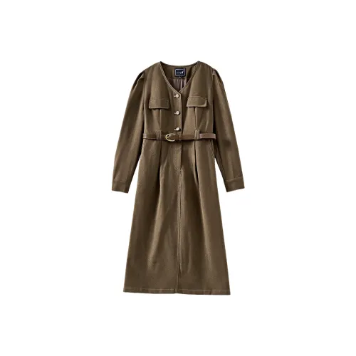 OUNIXUE Длинное платье с длинным рукавом женское коричневое