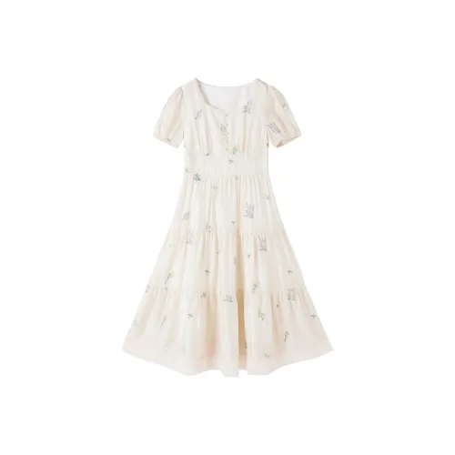 XIANGYING Короткий рукав Платье Женское Абрикосовое