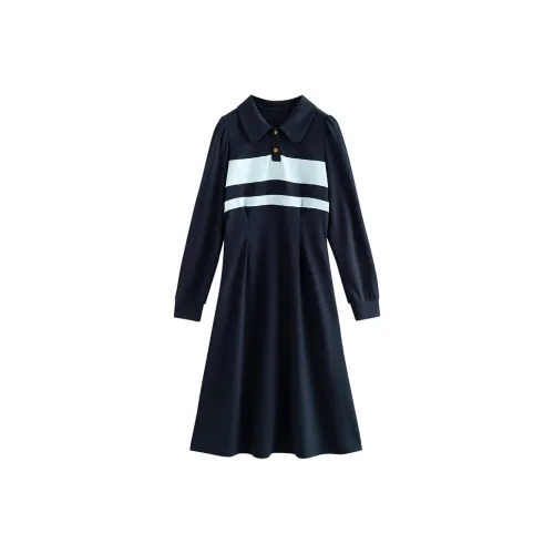Initial Language Длинный рукав Платье Женское Темно-синий