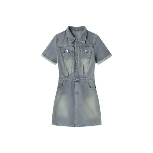 BIFH Короткий рукав Платье Женское Стальной синий