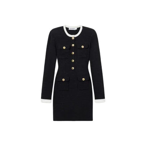 Self Portrait Длинное Платье с Длинными Рукавами Женское Черное и Белое