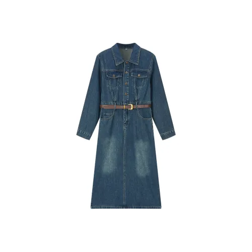 VIMLY Длинное платье с длинными рукавами женское темно-джинсовый синий