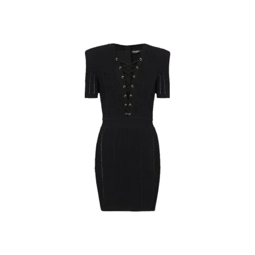 BALMAIN Короткий Fine Ribbed Knit Dress Короткий рукав Платье Женское Черное
