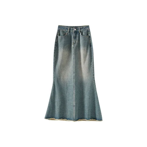 OUNIXUE Denim Long Skirt Women's Vintage Blue OUNIXUE Деним Длинная Юбка Женская Винтажный Синий