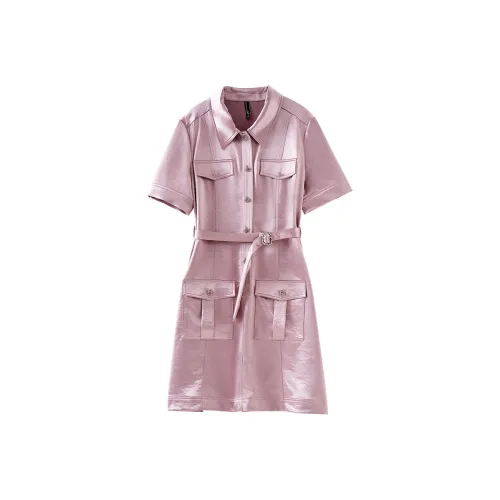 OUNIXUE Летнее Короткое Платье с Короткими Рукавами Женское Серый Розовый