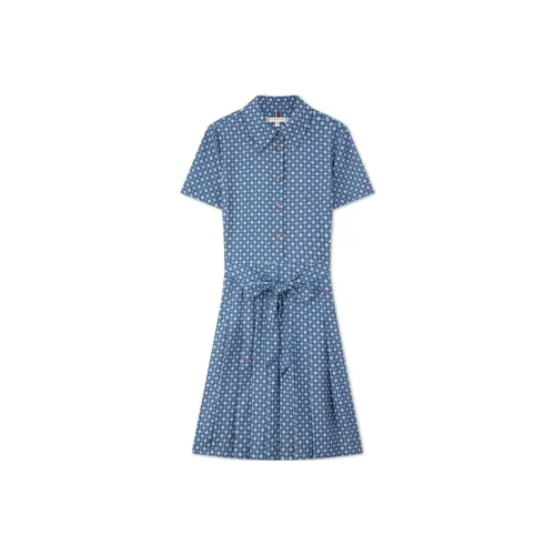 Tommy Hilfiger Сине-белое Цветочное 00J Женское Короткое Платье с Рукавами