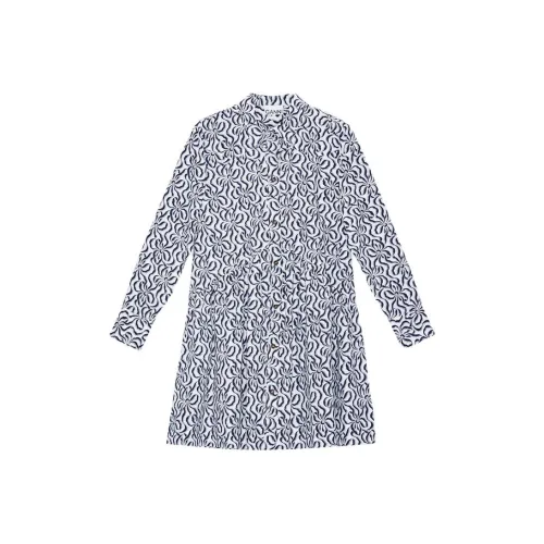 GANNI С принтом Хлопковый поплин Мини Платье-рубашка Короткий рукав Платье Женское Синее