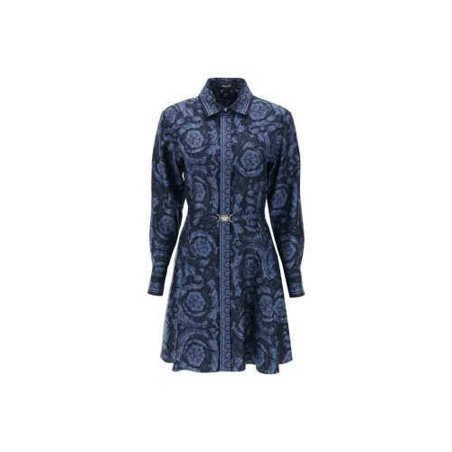 VERSACE Длинное платье с длинными рукавами женское синее