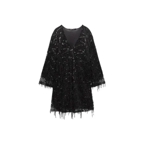 ZARA Черное Женское Длинное Платье с Рукавами