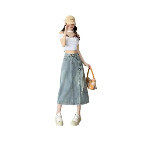 YICHEN Деним Длинная Юбка Женская Ностальгический Синий