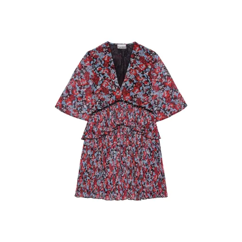 GANNI Красный Плиссированный Georgette V-образный вырез Платье-комбинация Мини Короткий рукав Платье Женское Красный