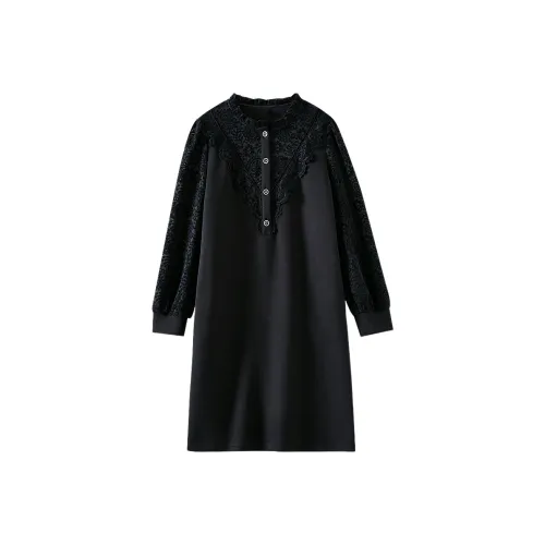 OUNIXUE Длинное платье с длинным рукавом женское черное