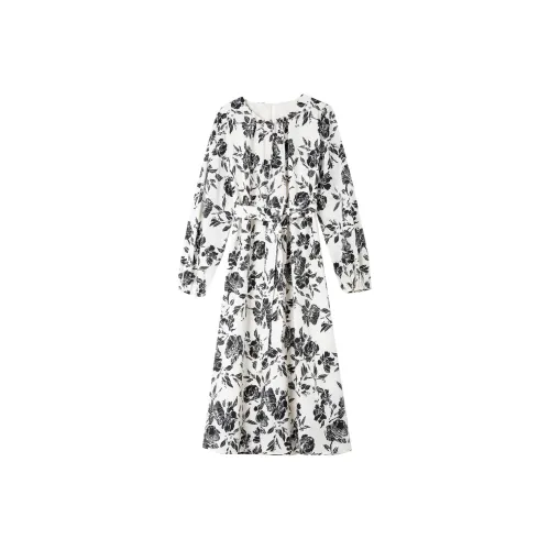 VIMLY Длинное платье с длинными рукавами женское белое с черным цветком