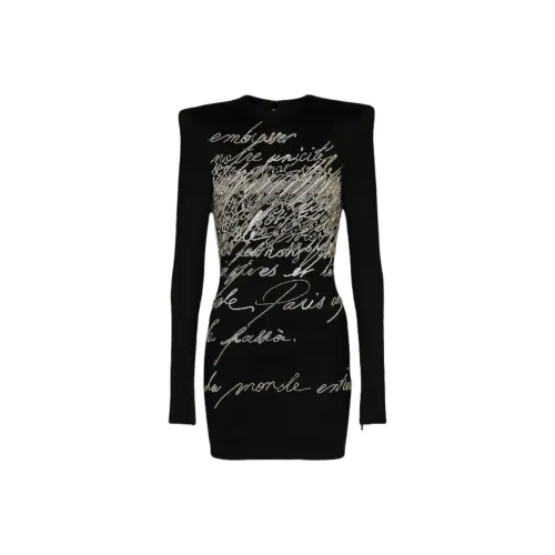 BALMAIN Черное Женское Длинное Платье с Рукавами