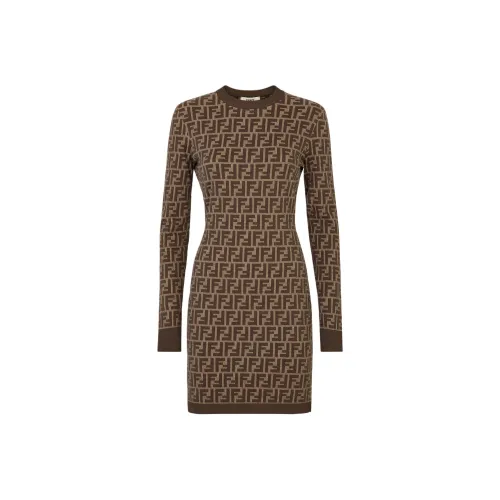 FENDI FW24 Длинное платье с длинными рукавами женское коричневое