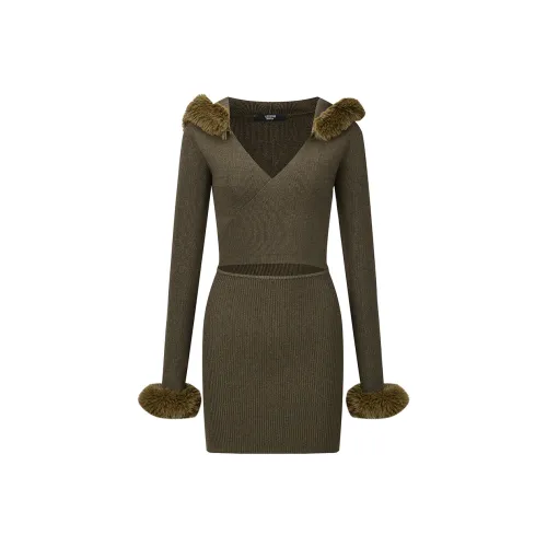 AZEPAM Длинное платье с длинными рукавами женское темно-зеленое