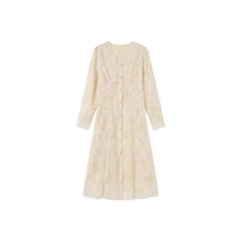 GULIANFEI Длинное платье с длинными рукавами женское абрикосового цвета