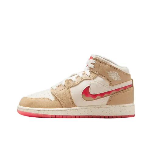 Jordan Air Jordan 1 Детские баскетбольные кроссовки MID Топ Песочный коричневый Светлая слоновая кость Смешанный красный Школьный возраст