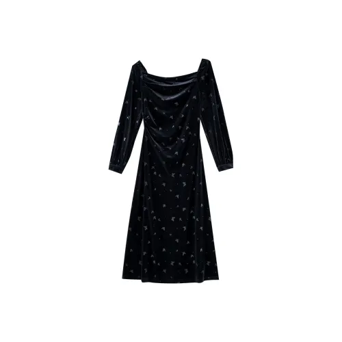 OUNIXUE Длинное платье с длинным рукавом женское черное