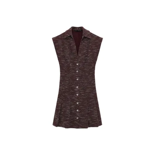 ZARA Короткий рукав Платье Женское Темно-красный цвет