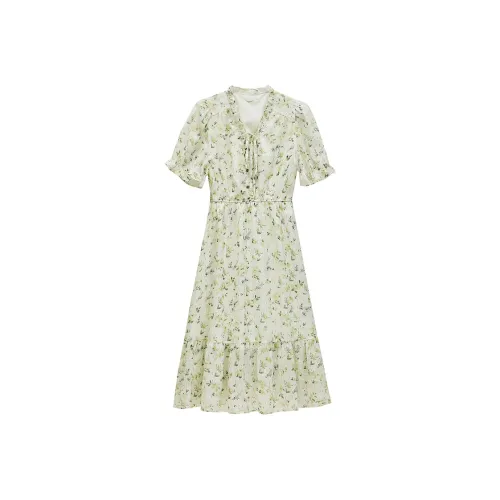 MISTVB Короткий рукав Платье Женское Зеленый узор