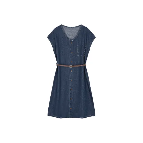 Mo Han Yi Mei Короткий рукав Платье Женское Джинсовый синий