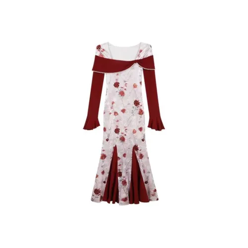 Lookinto Длинное платье с длинными рукавами женское красное