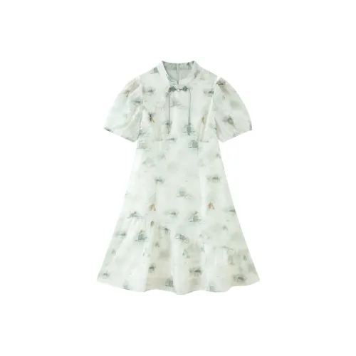 LEDIN Зеленый Принт Женские Короткие Платья с Рукавами